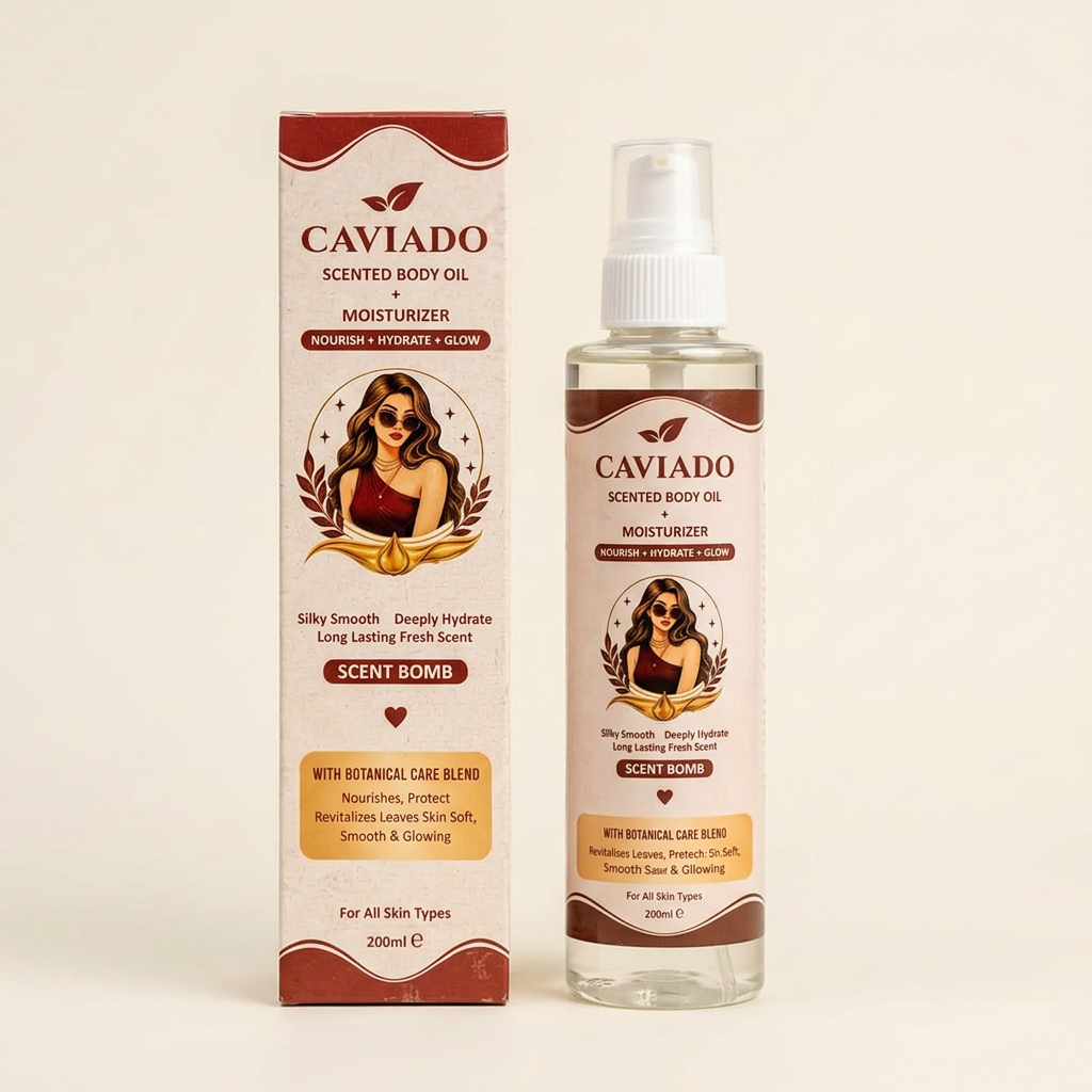 CAVIADO Body Oil bottle and box in clear close-up on plain off-white background