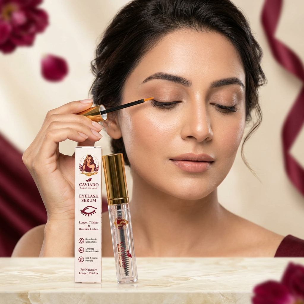 AI-created model demonstrating CAVIADO Eyelash Serum
